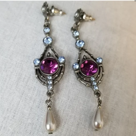 Purple Blue and Pearl Drop Dangle Earrings - Picture 3 of 5